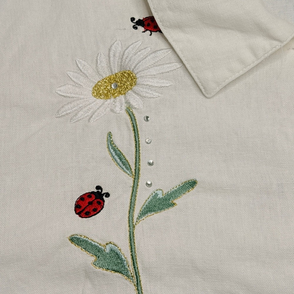 Vtg Dressbarn Button Front Shirt Womens 18 White Linen Embroidered Daisy Ladybug - Picture 5 of 10